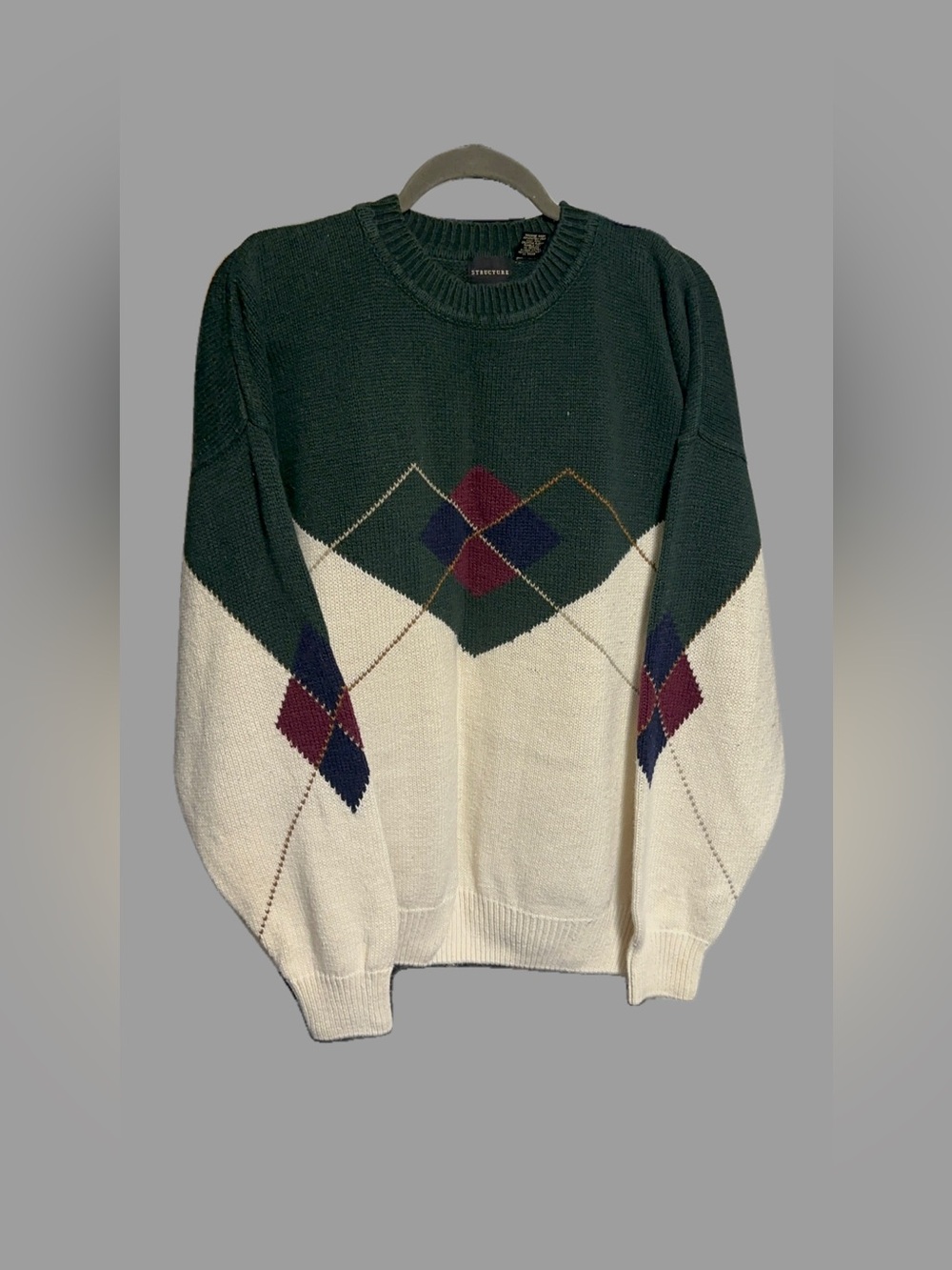 Structure Dark Green, Cream & Burgundy Argyle Crewneck Sweater
